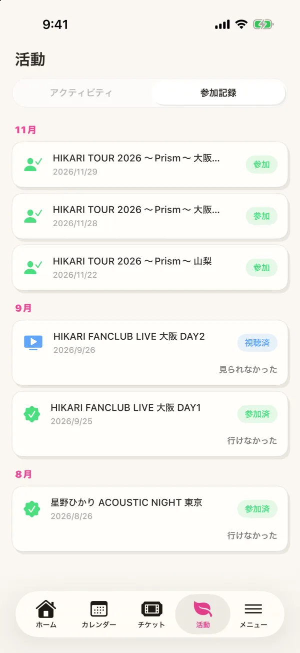 活動タブの参加記録。月ごとの一覧